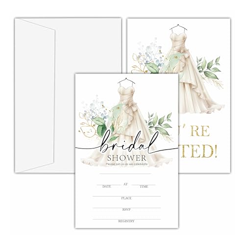 Bridal Shower Invitations, 25 Greenery Invites with Envelopes for Bridal Shower Reception Engagement Party, Elegant Wedding Dress Party Cards - B06 - style: Greenery Wedding Dress
