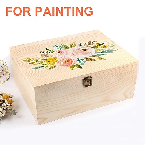 Large Wooden Box With Hinged Lid Wooden Memory Keepsake Case | 10.6x8x5.7 Inch Outer Unfinished Wood Craft Chest, Metal Locking Clasp Storage Desktop Organization Container