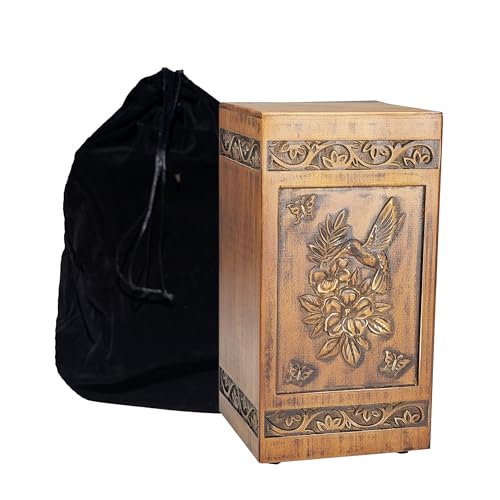 Hand-Engraved Wooden Urns for Human Ashes Adult - Hummingbird Cremation Urn for Ashes - 250 Cubic Inches Large Capacity Solid Wood Funeral Memorial Box with Black Satin Bag