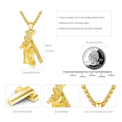 Crucifix Necklace for Men 925 Sterling Silver Jesus Cross Necklace Crucifix Cross Pendant Protection Jewelry for Men Women - style: A04-Carrying Cross-Gold