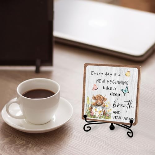 Highland Cow Inspirational Decor, Positive Plaque for Office Home | Encouragement Gifts for Women Men Coworkers Friends, Affirmation Quotes Gift, New Beginning Wooden Sign with Iron Stand - style: Highland 02