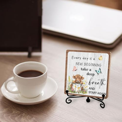 Highland Cow Inspirational Decor, Positive Plaque for Office Home | Encouragement Gifts for Women Men Coworkers Friends, Affirmation Quotes Gift, New Beginning Wooden Sign with Iron Stand - style: Highland 02