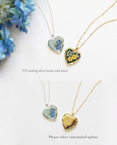 Handmade Heart Shaped Dried Pressed Forget Me Not Flower Photo Locket Pendant Necklace - color: Gold, style: customized