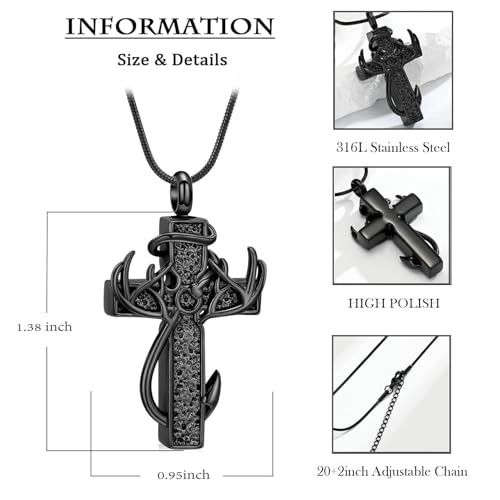 zeqingjw Cross Urn Necklace Fish Hook Cremation Jewelry for Ashes Pendant Stainless Steel Deer Antler Cross Memorial Human Pet Keepsake Ashes Holder for Men Women - color: Black