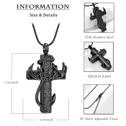 zeqingjw Cross Urn Necklace Fish Hook Cremation Jewelry for Ashes Pendant Stainless Steel Deer Antler Cross Memorial Human Pet Keepsake Ashes Holder for Men Women - color: Black