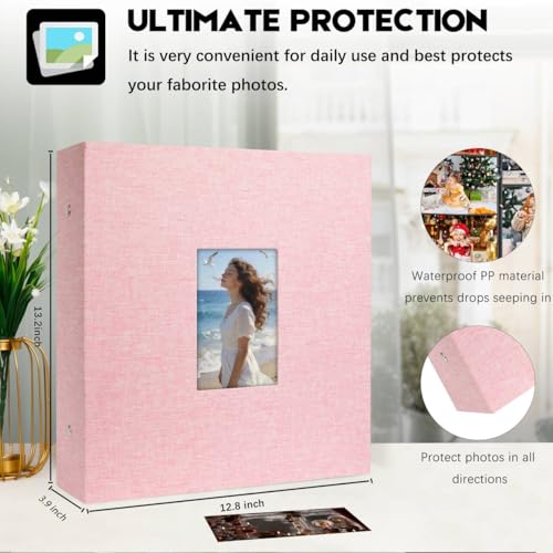 Aevdor Large Capacity 4x6 Photo Album, 1000 Photos, Linen Cover, Pink | Black Inner Pages, 3 Horizontal and 2 Vertical Pockets per Side, Front Photo Window, Family, Wedding & Travel Memories - color: Pink