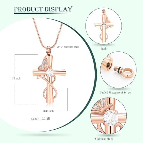 Butterfly Cross Cremation Jewelry Urn Necklaces Cross Butterfly Urn Necklaces for Ashes Memorial Keepsake Pendant for Women Men Gifts With Funnel Kit & Bag - color: Rose+White