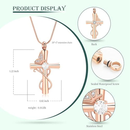 Butterfly Cross Cremation Jewelry Urn Necklaces Cross Butterfly Urn Necklaces for Ashes Memorial Keepsake Pendant for Women Men Gifts With Funnel Kit & Bag - color: Rose+White