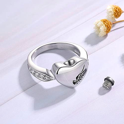 Angel Wing Cremation Ring for Ashes for Women Keepsake Heart Urn Rings for Ashes Stainless Steel Finger Ring (9) - size: 9