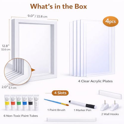 Family Handprint & Hand Casting Kit – DIY Craft Keepsake with Wooden Frame, Non-Toxic Paints, Baby Footprin Kit – Perfect Gifts for Grandparents, New Parents & Families (White, 4 Transparent Sheets) - color: White Frame, size: 4 Pages Acrylic Boards