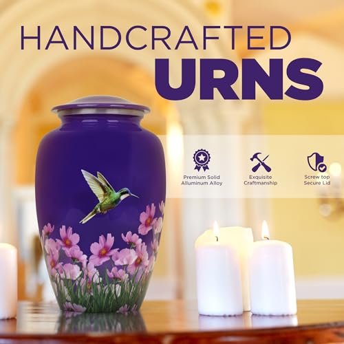 Cremation Urn for Human Ashes Adult Male Female – Large 200 lb Capacity Hummingbird Funeral Urn by ITEMANDCO, Handcrafted Aluminum Memorial Burial Urn, Purple - color: Purple