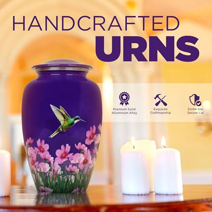 Cremation Urn for Human Ashes Adult Male Female – Large 200 lb Capacity Hummingbird Funeral Urn by ITEMANDCO, Handcrafted Aluminum Memorial Burial Urn, Purple - color: Purple