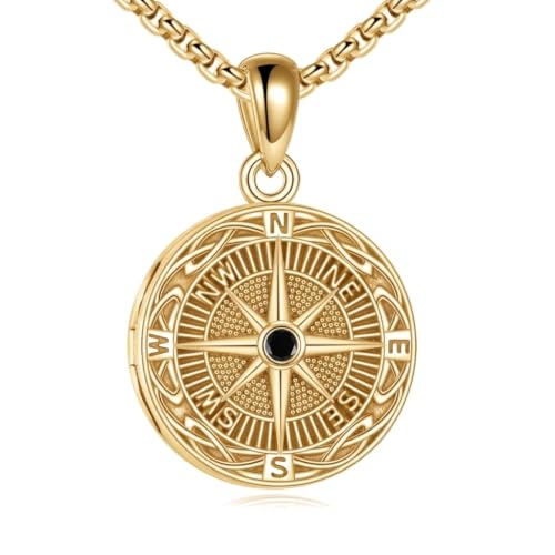 ONEFINITY Locket Necklace That Holds Picture Locket Memorial Pendant Jewelry Keepsake Gift for Men Women - color: gold-Compass
