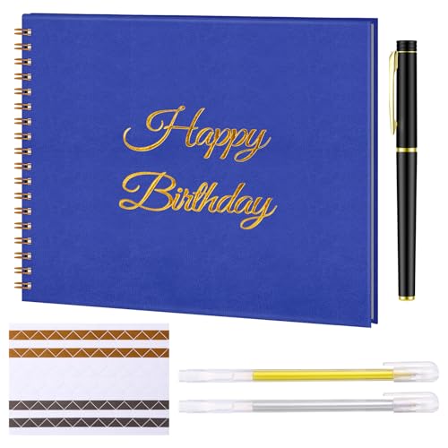 Mooliwe Birthday Guestbook with Pens Stickers Blue Spiral Hardbound Book 8.3 x 6.5 Inch Hardcover Hardbound Signature Guest Book for Photobooth Photo Strips Scrapbook Party Supplies (Blue Birthday) - color: Blue