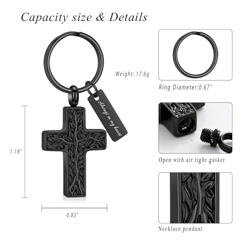 XSMZB Cross Urn Necklace for Ashes for Women Men Tree of Life Cross Cremation Jewelry Keepsake Pendant for Ashes of Loved One - color: Black Keychain