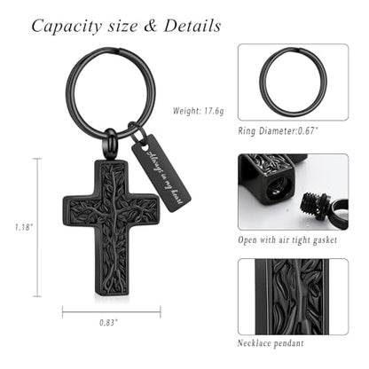 XSMZB Cross Urn Necklace for Ashes for Women Men Tree of Life Cross Cremation Jewelry Keepsake Pendant for Ashes of Loved One - color: Black Keychain