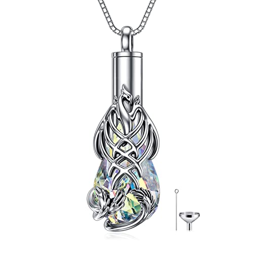 PELOVNY Urn Necklace for Ashes 925 Sterling Silver Butterfly Dragonfly Bee Phoenix Hummingbird Urn Necklaces Animal Crystal Cremation Jewelry for Ashes Cat Dog Pet Memorial Gifts - color: 15-Phoenix Urn A