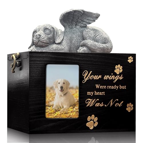 Solid Wood Pet Urn for Ashes Box with Picture Black Funeral Cremation Box for Pet Wooden Keepsake with Flannel Lining for Loss of Cat or Dog Remembrance Gift（Black Dog Urn-Large） - color: Dog Urn-black-wings, size: Large