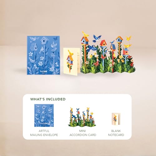 Freshcut Paper Pop Up Cards, Mini Birdhouse Garden, 9 Inch Life Sized Forever Flower Bouquet 3D Popup Greeting Card, Birthday Cards, Thank You Card, Blank Notecard & Envelope - color: Birdhouse Garden, size: Mini