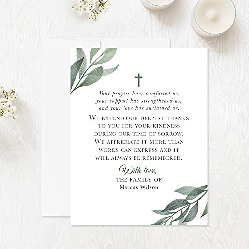 Greenery Funeral Thank You Cards with Cross, Leaves - color: Leaves
