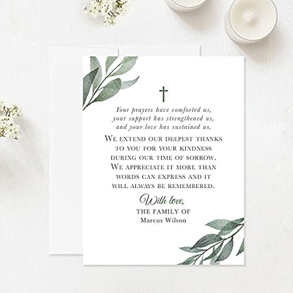 Greenery Funeral Thank You Cards with Cross, Leaves - color: Leaves
