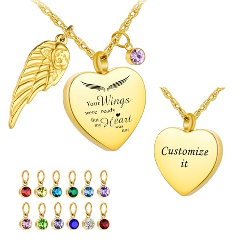 Dletay Heart Urn Necklace for Ashes with 12 Birthstones Cremation Jewelry for Ashes -Your Wings Were Ready My Heart Was Not - color: Your wings-Gold Custom