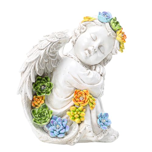 Garden Angels Outdoor Statue, Solar Cherub Baby Angel with Succulent | 8'' Resin Sleeping Angel Statue with Warm Glow, Angel Figurines Gardening Gifts for Mother Grandma Yard Patio Lawn Decoration - style: Sleeping Cherub