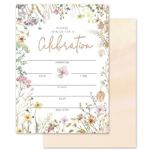 Whaline 25 Sets Wildflower Invitations with Envelopes Stickers 5 x 7 Inch Spring Watercolor Floral Invitation Cards Fill in Blank Invites for Wedding Reception Bridal Baby Shower Birthday Dinner Party - style: Wildflower