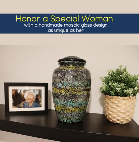 Mosaic Glass Cremation Urn Dark Blue - Hand Made Funeral Urn for Human Ashes - Large Adult Size - Burial Urn Capacity 200 cu in - color: Dark