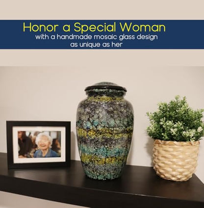 Mosaic Glass Cremation Urn Dark Blue - Hand Made Funeral Urn for Human Ashes - Large Adult Size - Burial Urn Capacity 200 cu in - color: Dark
