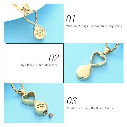Oinsi Infinity Love Pet Cremation Jewelry for Ashes of Dog/Cat Funeral Keepsake Urn Necklace Pendant Memorial Jewellery - color: A-New Gold