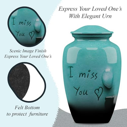Forever URNS Adult Cremation Funeral Urn with Printed I Miss You Theme for Human Ashes of Female & Male | 200 cu in | Large | Sea Green | Completely Handcrafted with Velvet Protection Bag