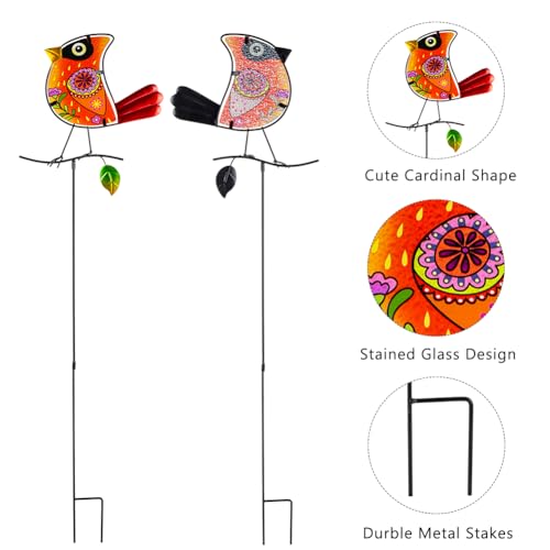 Set of 3 Cardinal Stained Glass Decorative Garden Stakes - color: Cardinal