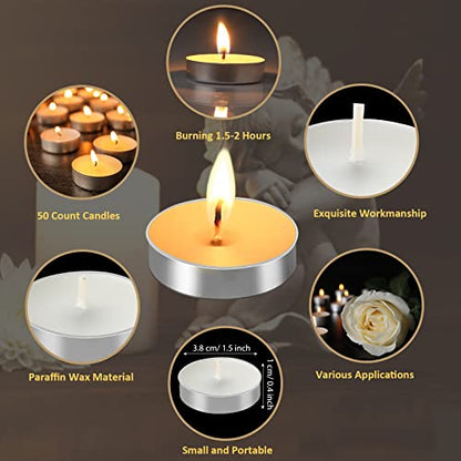 50 Set Funeral Party Favors Memorial White Candles Unscented Funeral Gifts Tealight Candles with Condolence Bereavement Cards and Organza Bags for Guest Celebration of Life Decorations (Elegant) - style: Elegant