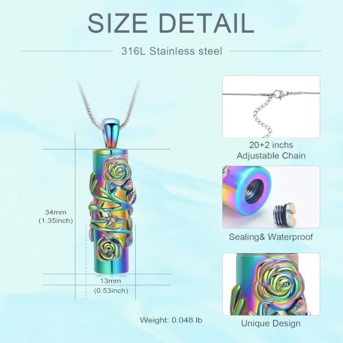 Cylinder Urn Necklace for Ashes Roseflower Cremation Jewelry Urn Ashes Necklace for Women Men Memorial Keepsake Necklace of Loved One - color: Rainbow