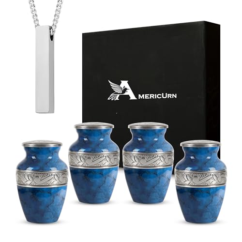 Fire Blue Cremation Urns for Human Ashes – Adult Female and Male Memorial Set of 5 with 4 Keepsake & 1 NecklaceUrn - color: Fire Blue Mini Urn Set