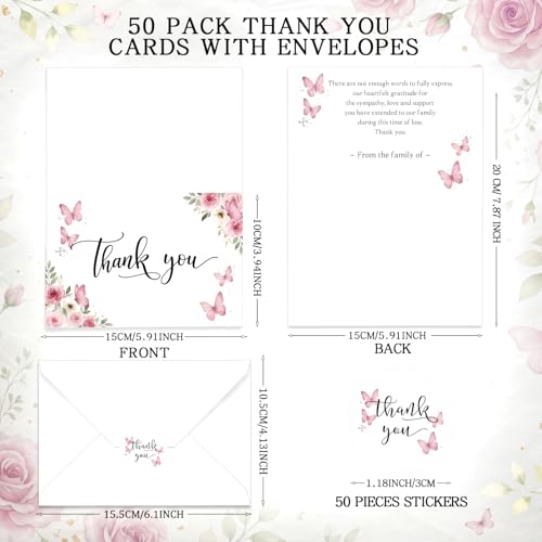 Fumete 50 Set Funeral Thank You Cards, Pink Butterfly - style: Pink Butterfly