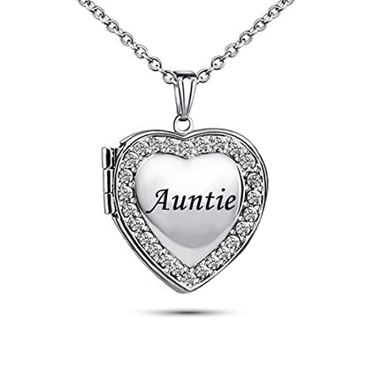 KunBead Women's Love Heart Photo Locket Necklace with Picture inside Jewelry Pendant Necklace for Auntie Friend Dad Daughter Granddaughter Nana Sister Wife Mom Grandma - style: Auntie