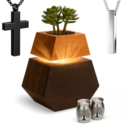Plant Cremation Urns for Human Ashes Adult Male & Female Includes 1 Large Urn, 2 Keepsake & 1 Silver & 1 Black Cross Necklace- Wooden Urns for Human Ashes - color: Plant Urn-companion Set