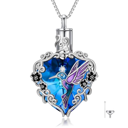 JKR Heart Urn Necklace for Ashes Crystal Keepsake Pendant Memorial Jewelry - style: Hummingbird-Blue Heart