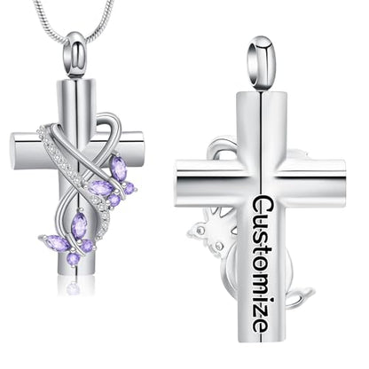 Butterfly Cross Cremation Jewelry Urn Necklaces Stainless Steel Cross Urn Necklaces for Ashes Memorial Keepsake Pendant for Women Gifts With Funnel Kit & Bag - color: Customize