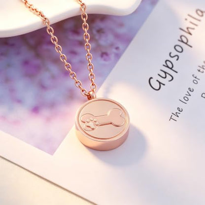 SIYUU Pet Ashes Necklace 20mm Round Shape Dog Cat Keepsake Jewelry Stainless Steel Memorial Urn Jewelry Etching Paw Print & Dog Bone Cremation Pendant Necklace - color: Rose Gold