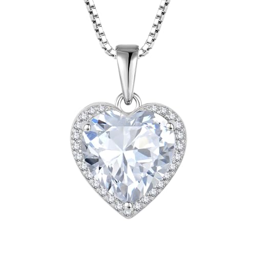 925 Sterling Silver Halo Heart Necklace for Women | Lwsary Love Heart Necklace, Heart Cut Birthstone Jewelry for Her - color: Clear White