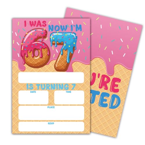 Donut 7th Birthday Invitation Cards with Envelopes, 20 Pack 4x6 Fill-In Party Invites for Girls Boys, Ice Cream Theme Kids Birthday Party Supplies - B07 - color: 6 7 Donut