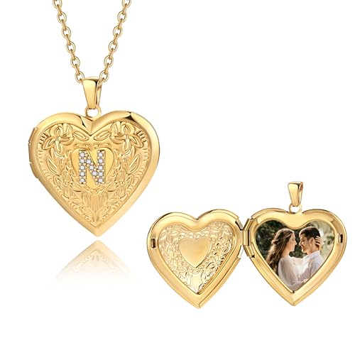 Badu Gold Initial A-Z Necklace for Women Heart Photo Lockets that Hold Picture Love Image Cubic Zirconia Necklace - color: N
