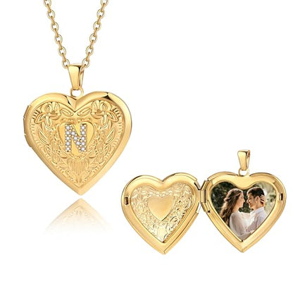 Badu Gold Initial A-Z Necklace for Women Heart Photo Lockets that Hold Picture Love Image Cubic Zirconia Necklace - color: N