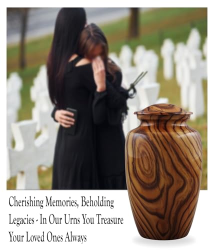 Walnut Grain Print Cremation Urn – Full Size Metal Urn with Teak Wood Finish – Adult Memorial Urn for Human Ashes up to 200 lbs – Funeral Urn for Men and Women with Velvet Bag (Large)
