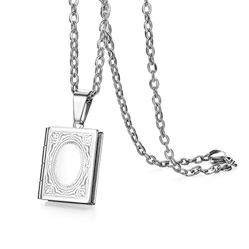 OIDEA Locket Necklace for Women Men: Stainless Steel Vintage Religious Bible Book Photo Locket Necklaces that Holds Pictures Jewelry Gifts - color: 2.silver engrave