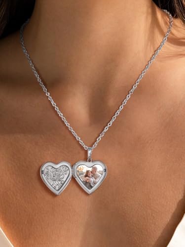 FindChic Locket Necklace for Women Custom Photo Memorial Gifts Multi-Shaped - color: Silver-Embossed Heart