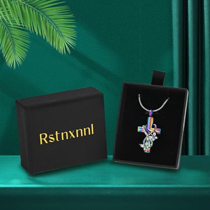 Butterfly Cross Cremation Jewelry Urn Necklaces Stainless Steel Cross Urn Necklaces for Ashes Memorial Keepsake Pendant for Women Gifts With Funnel Kit & Bag - color: Rainbow